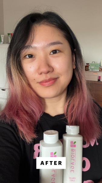 Allure commerce editor Sarah Han before using the Biolage Professional Hair Spa Color Last Shampoo Conditioner